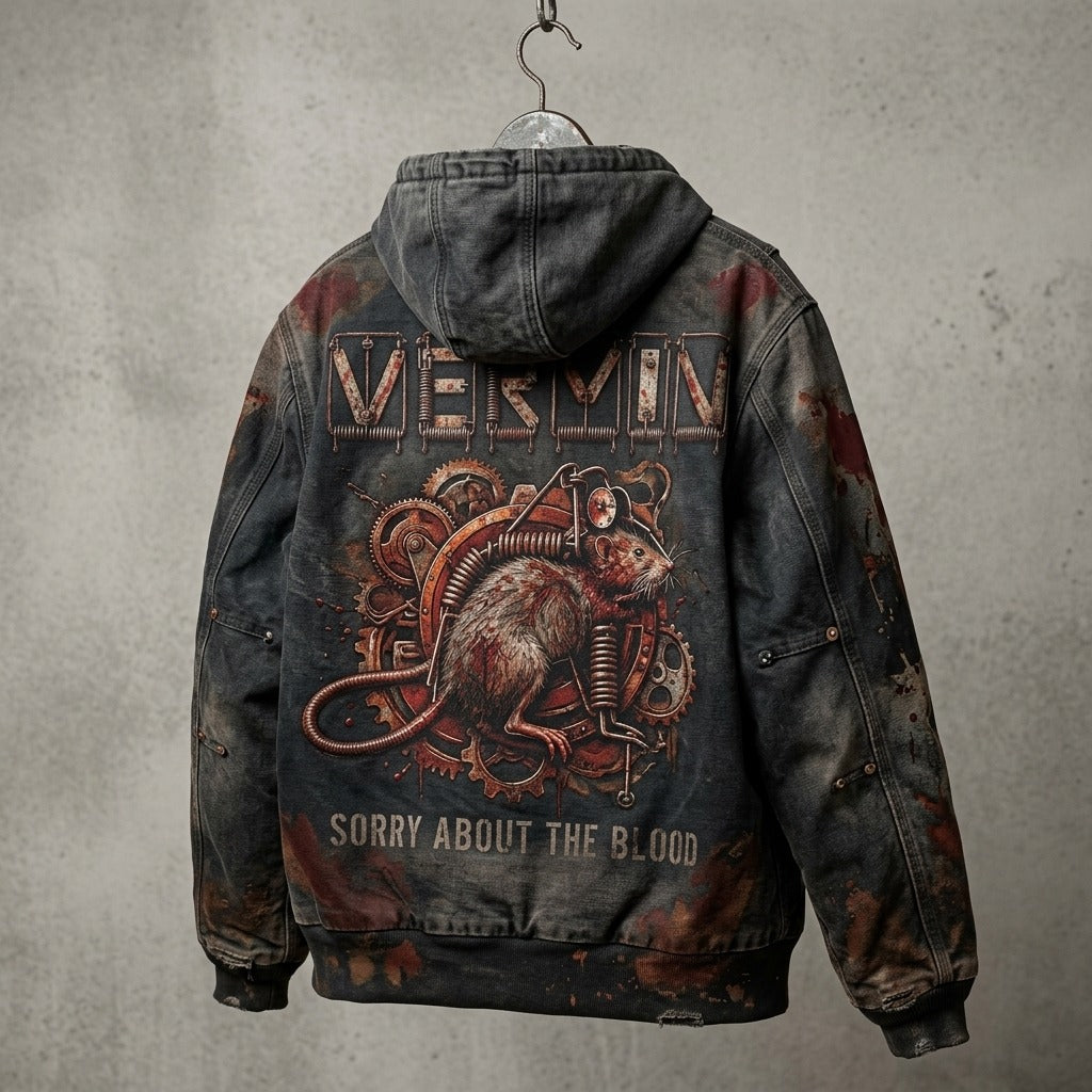 Sorry About The Blood — Vermin Tall Duck Cloth Hooded Work Jacket — product mockup