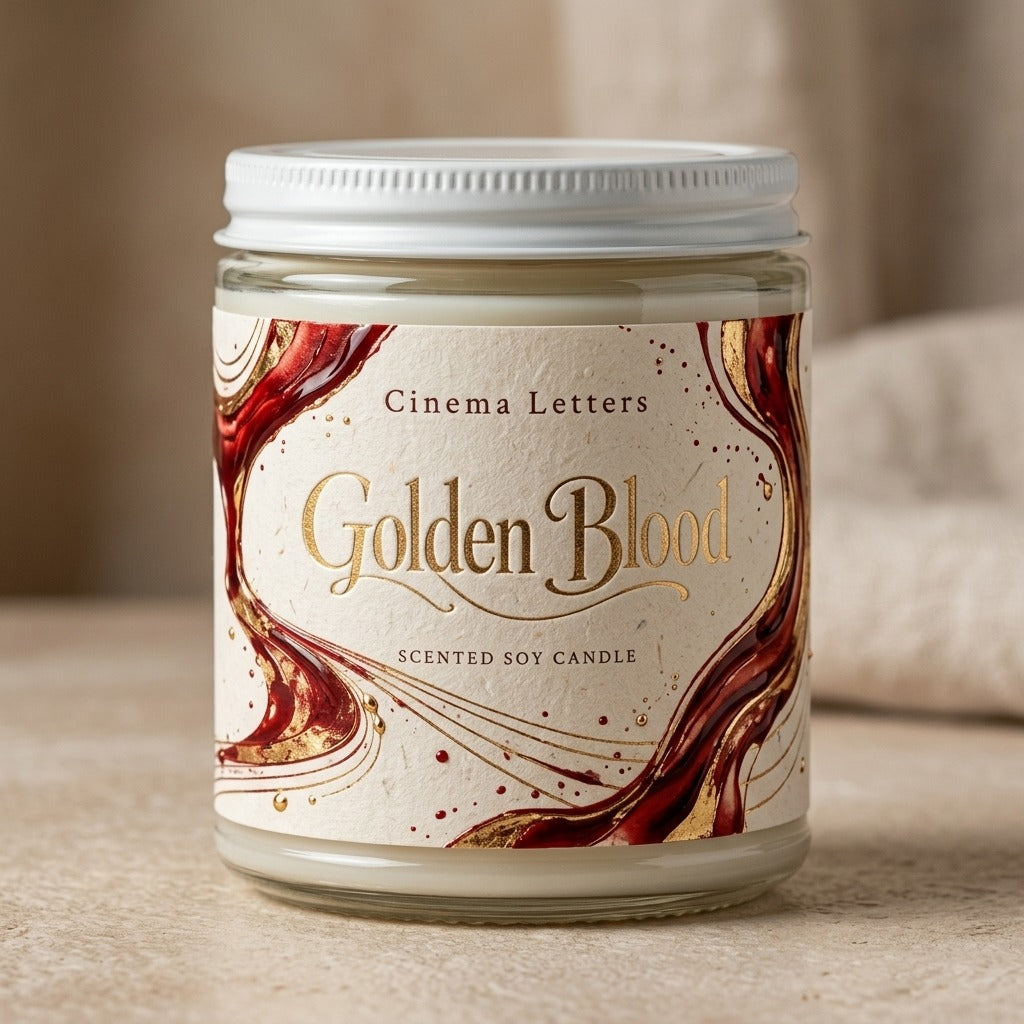 Cinema Letters — Golden Blood Scented Soy Candles with White Lid, 9oz — product mockup