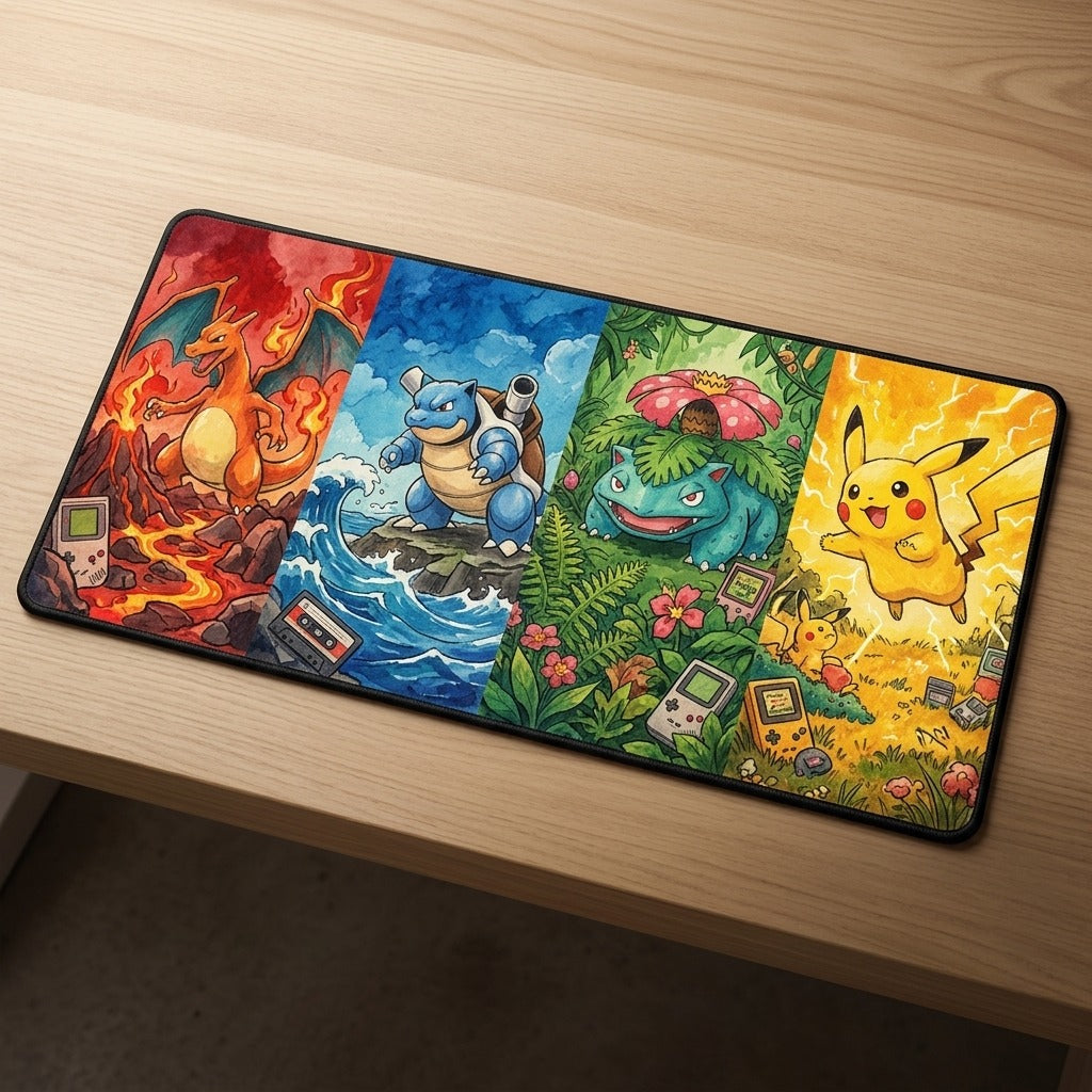 Chilltendo — Cartridge Origins: Red, Blue, Green & Yellow Stitched Edge Desk Mat — product mockup