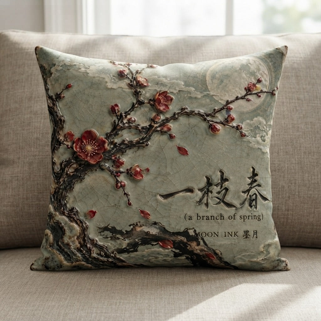 MOON INK 墨月 — 一枝春 (a branch of spring) Pillow — product mockup