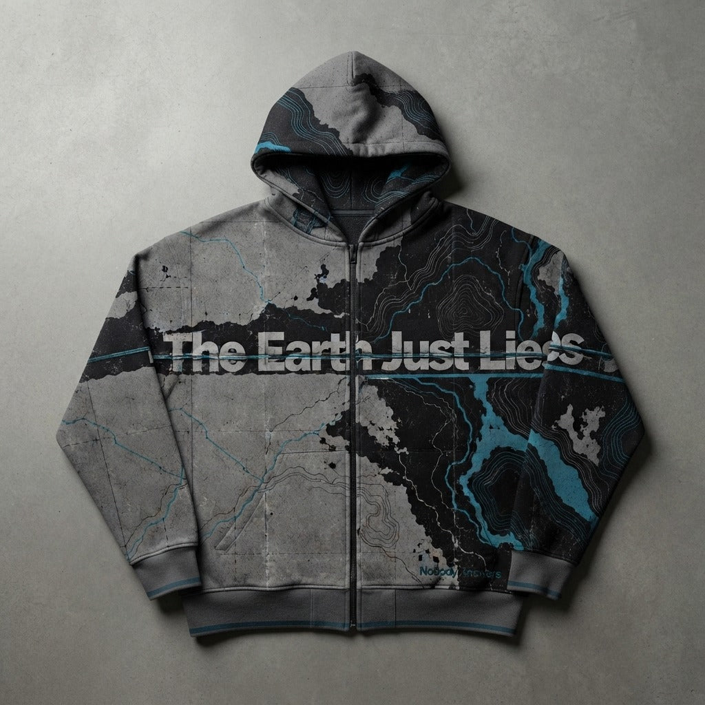 Nobody Answers — The Earth Just Lies Unisex Heavyweight Varsity Full-Zip Hooded Sweatshirt — product mockup