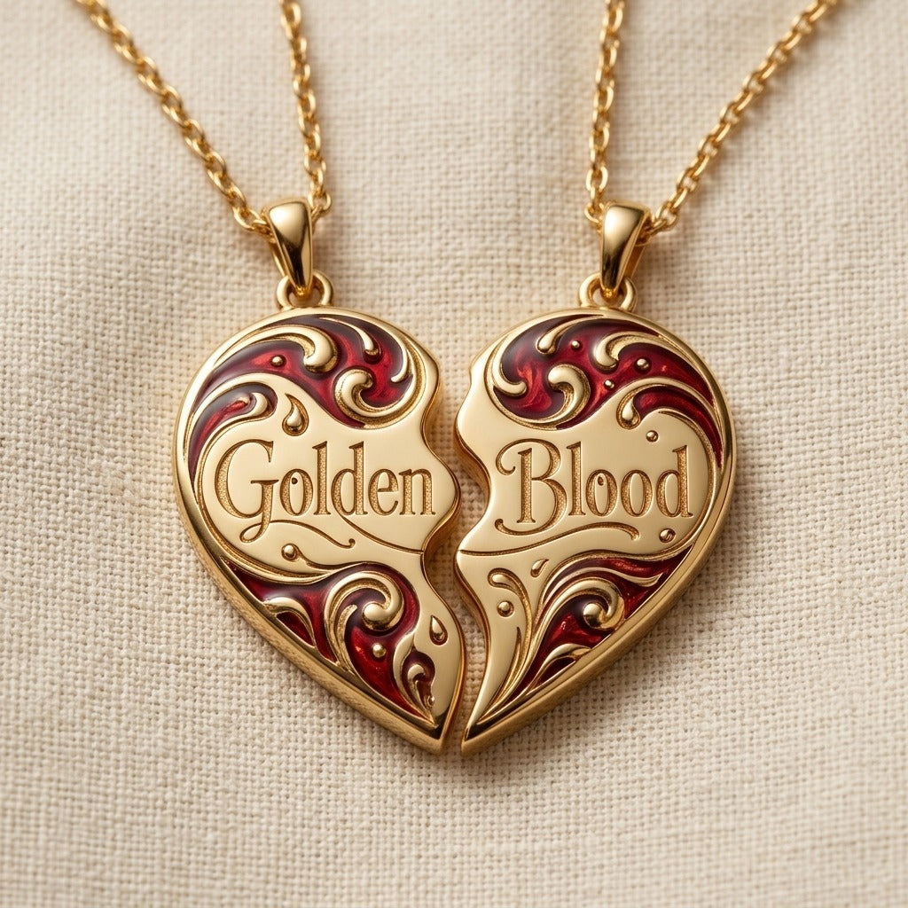 Cinema Letters — Golden Blood Break Apart Heart Necklace Set (Engraving) — product mockup
