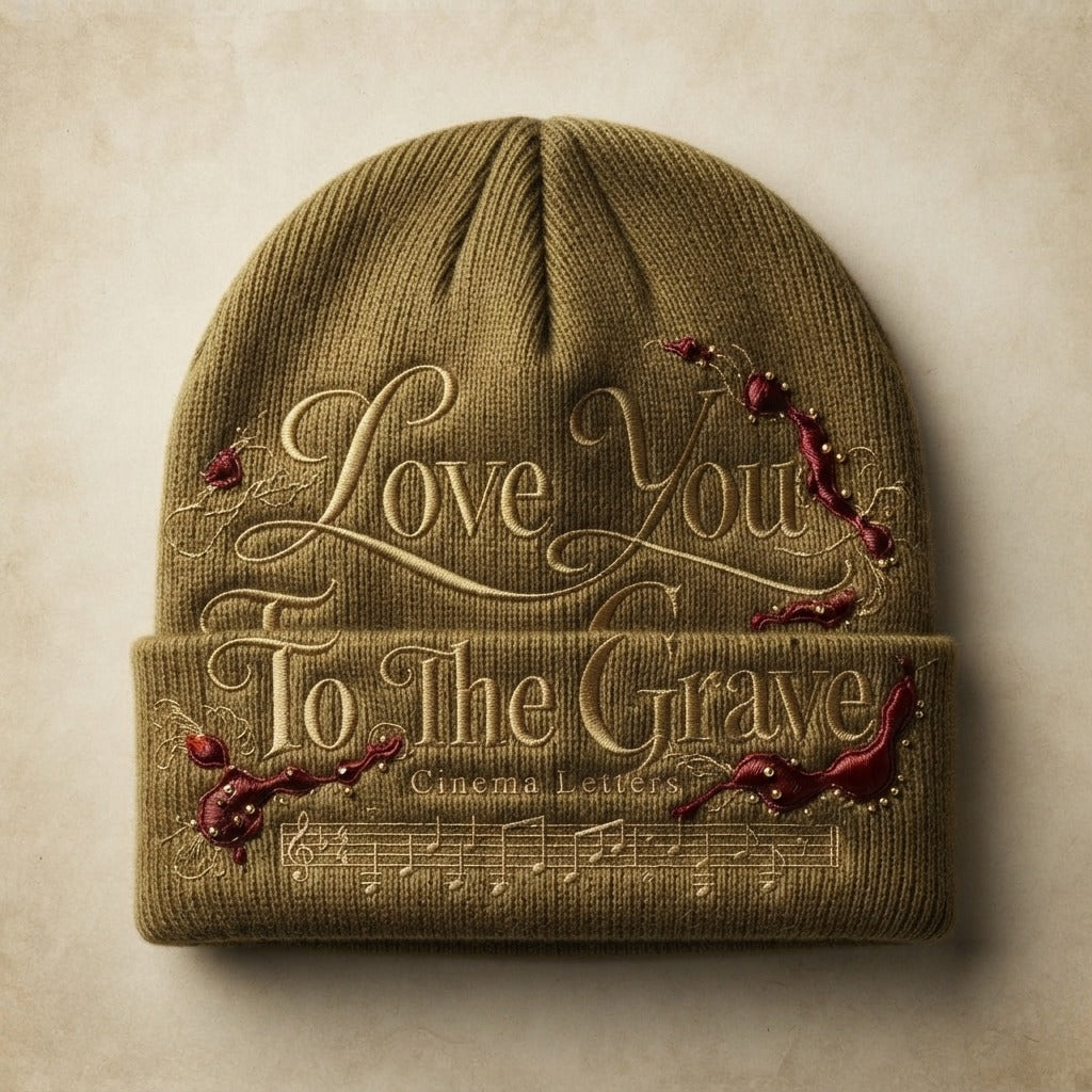 Cinema Letters — Love You To The Grave Ribbed Knit Beanie (Embroidery) — product mockup