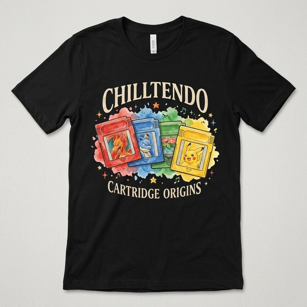 Chilltendo — Cartridge Origins: Red, Blue, Green & Yellow Tee — product mockup