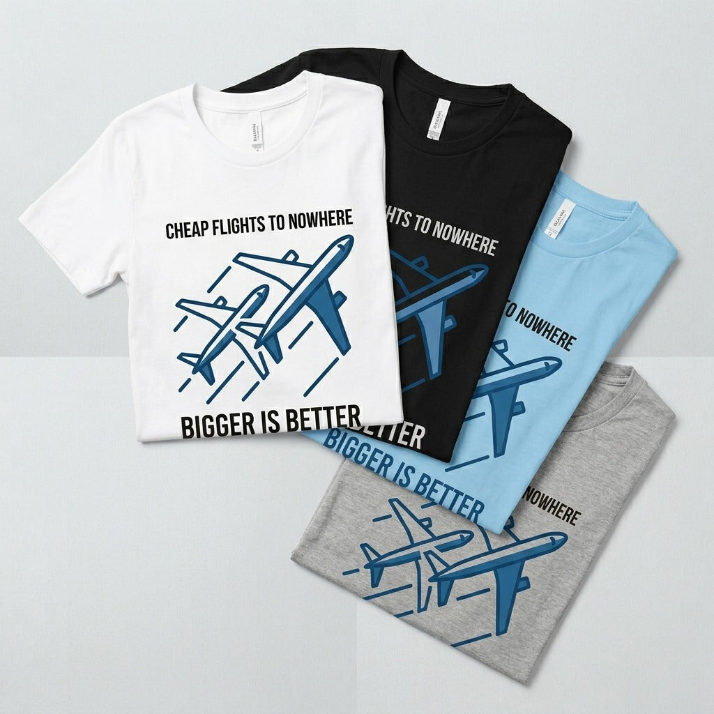 Cheap Flights to Nowhere — Bigger Is Better Tee — design 4