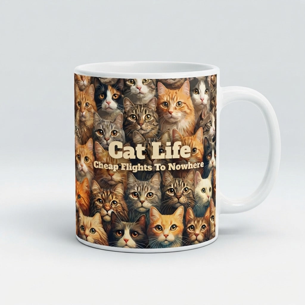 Cheap Flights to Nowhere — Cat Life Mug mockup
