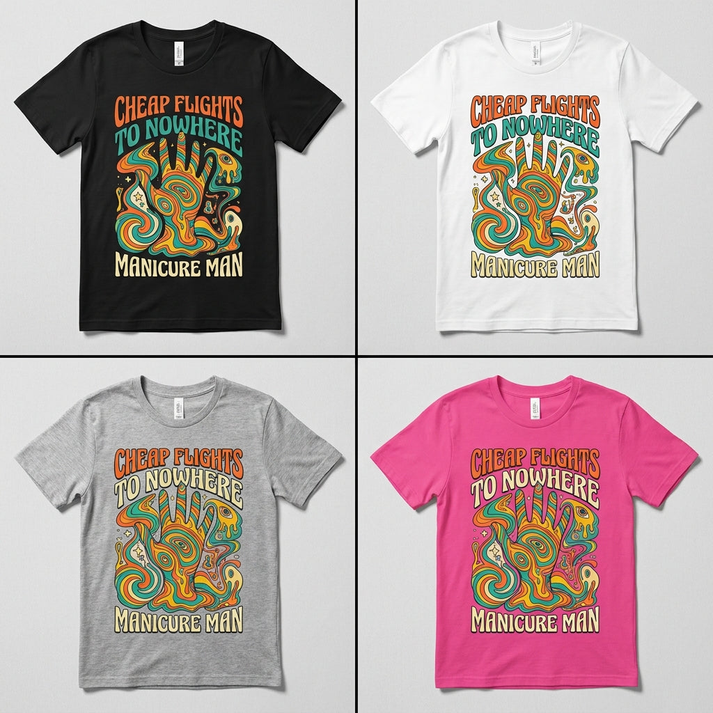 Cheap Flights to Nowhere — Manicure Man Tee — design 1