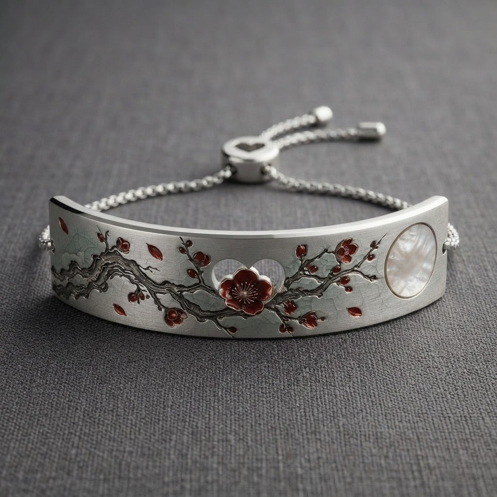 MOON INK 墨月 — 一枝春 (a branch of spring) Adjustable Flat Cutout Heart Bar Bracelet (Engraving) — product mockup