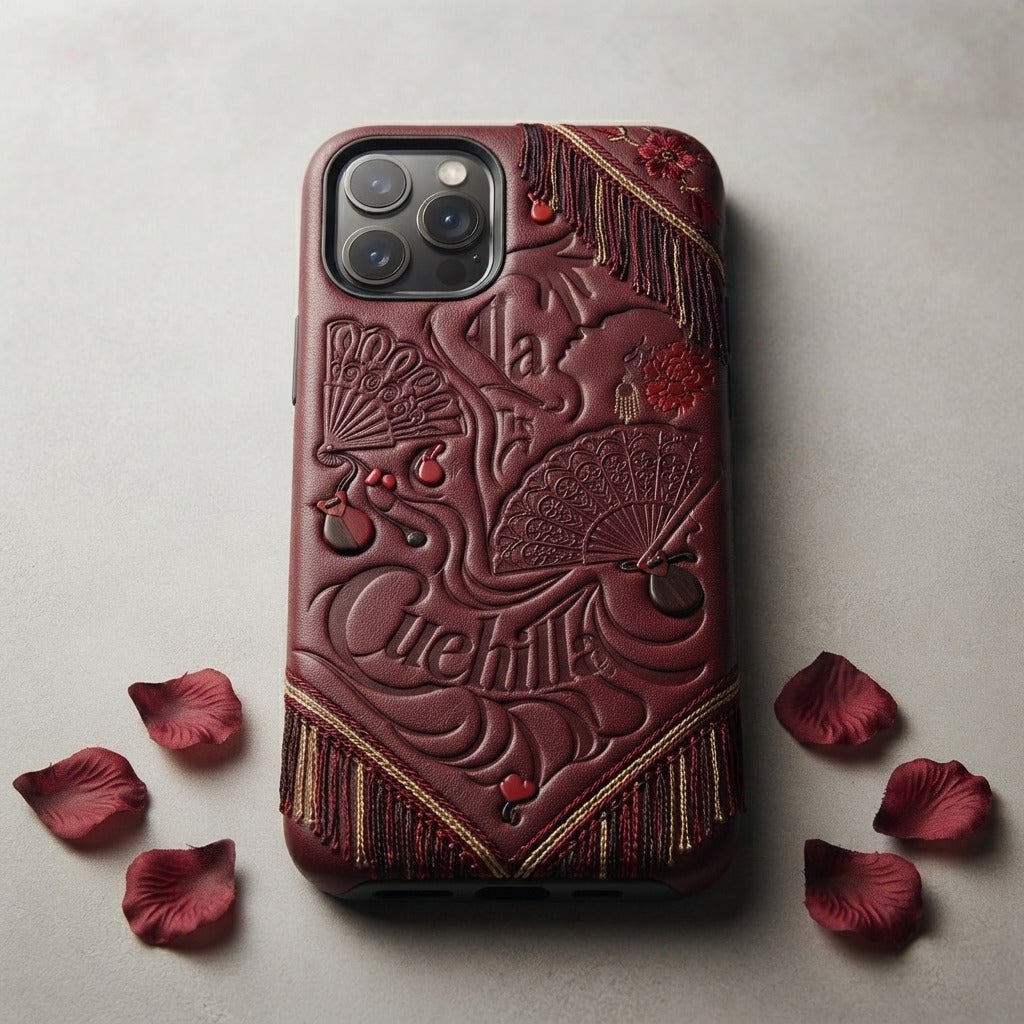 Quejío — Cuchilla De Tus Besos PU Leather Phone Cases (Engraving) — product mockup