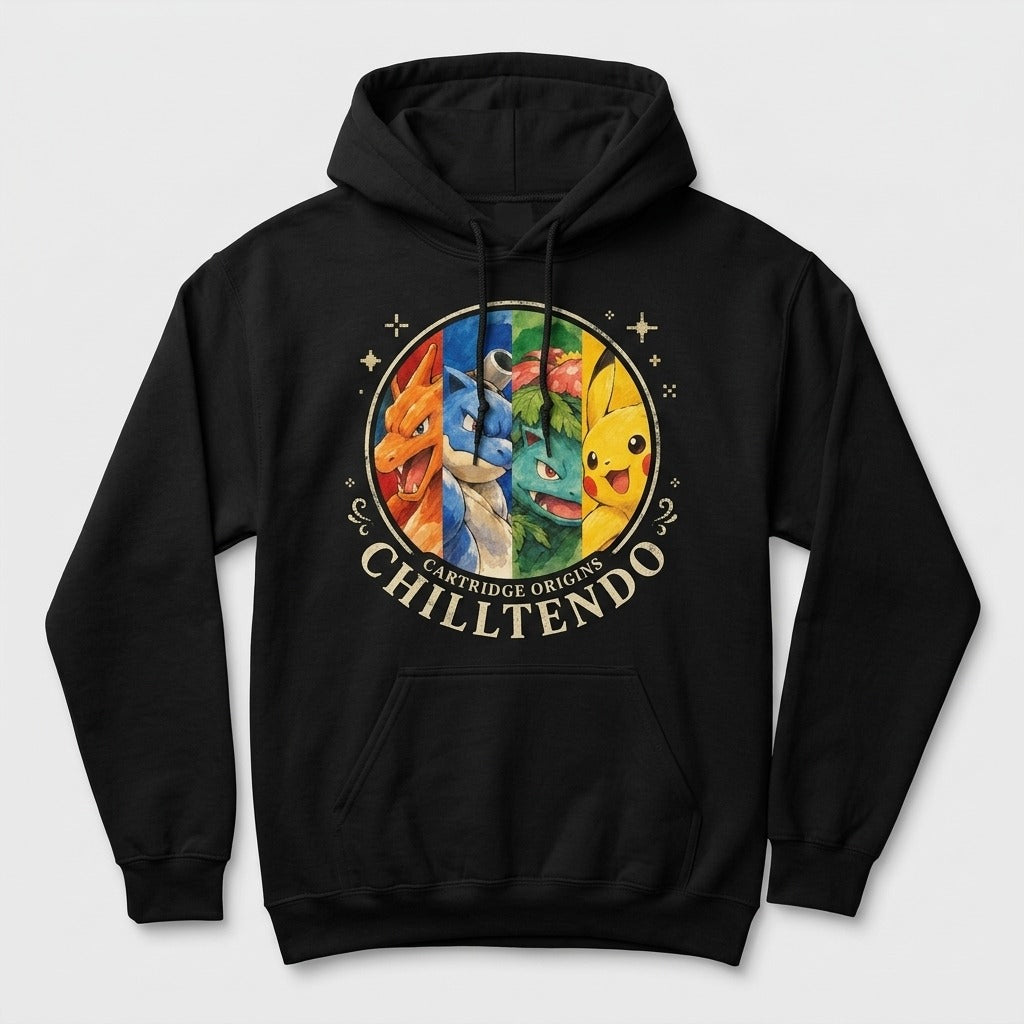 Chilltendo — Cartridge Origins: Red, Blue, Green & Yellow Hoodie — product mockup