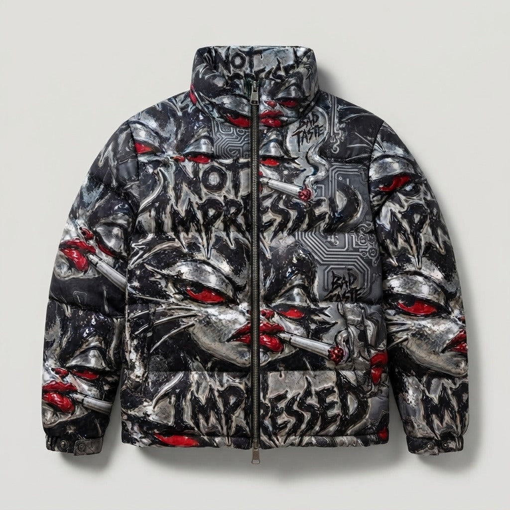 Bad Taste — Not Impressed Women’s Puffer Jacket (AOP) — product mockup