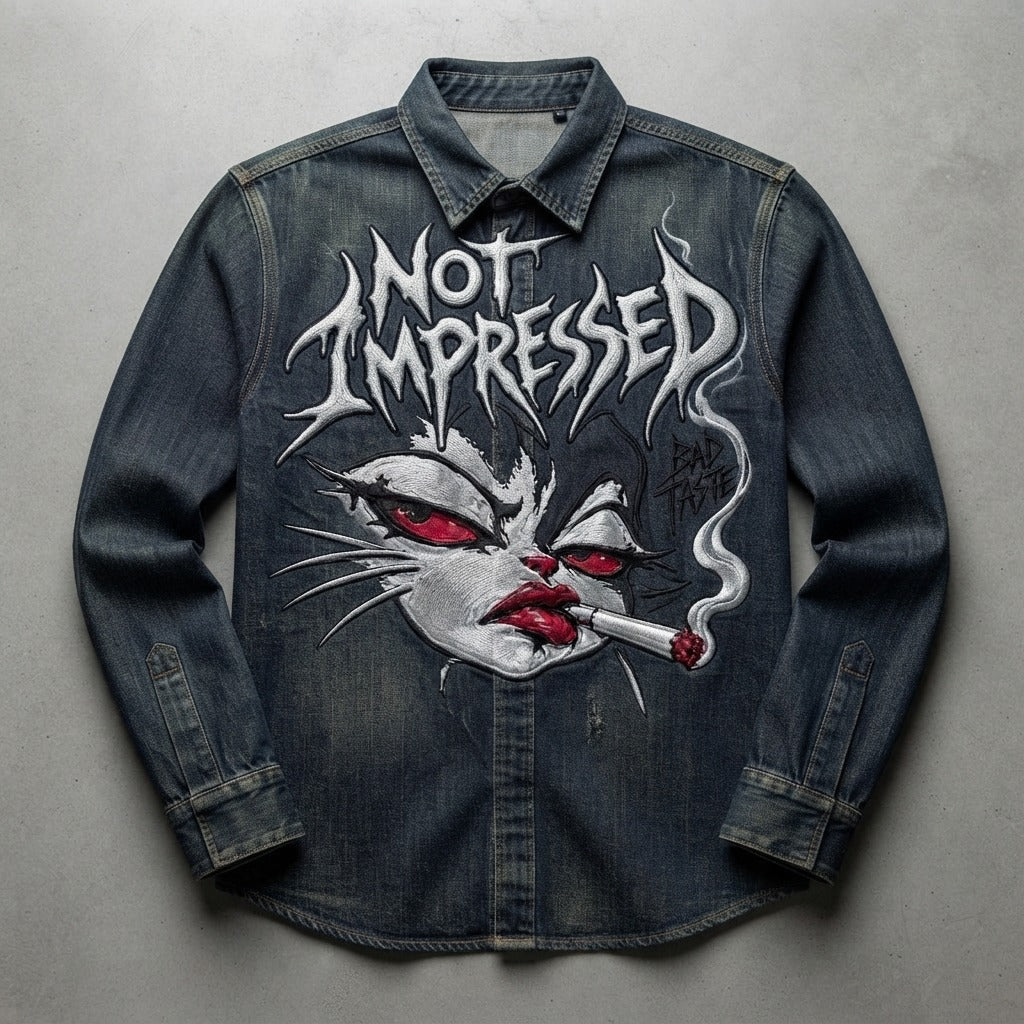 Bad Taste — Not Impressed Long Sleeve Value Denim Shirt — product mockup