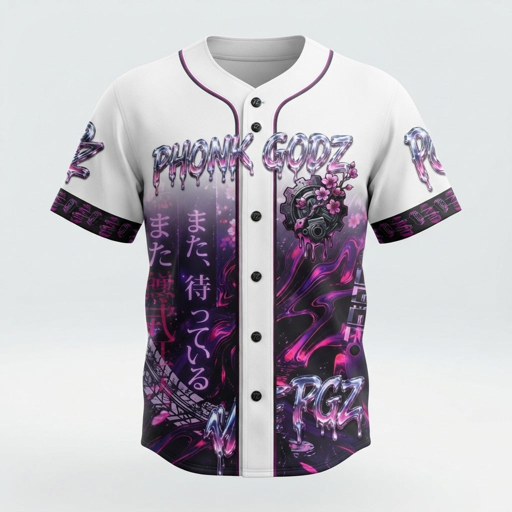 PHONK GODZ — WATASHI O MATTE IRU Short Sleeve Full-Button Baseball Top — product mockup