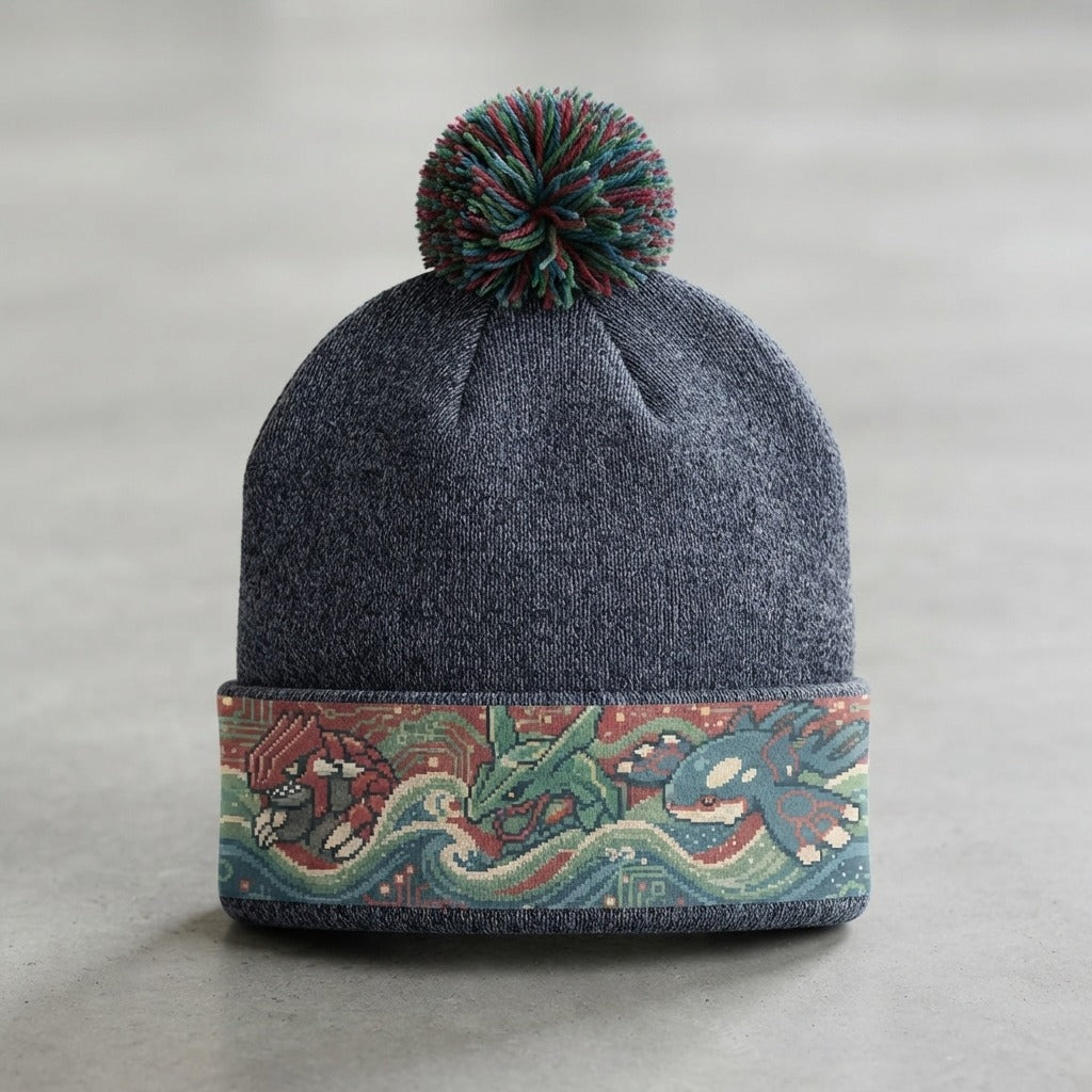 Chilltendo — Emerald Tides: Ruby & Sapphire Dreams Halftime Heather Pom Beanie — product mockup