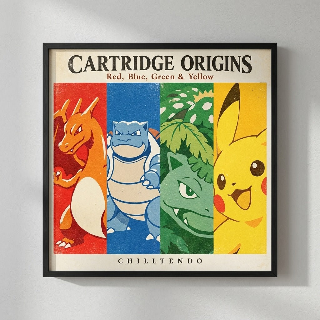 Chilltendo — Cartridge Origins: Red, Blue, Green & Yellow Poster — product mockup