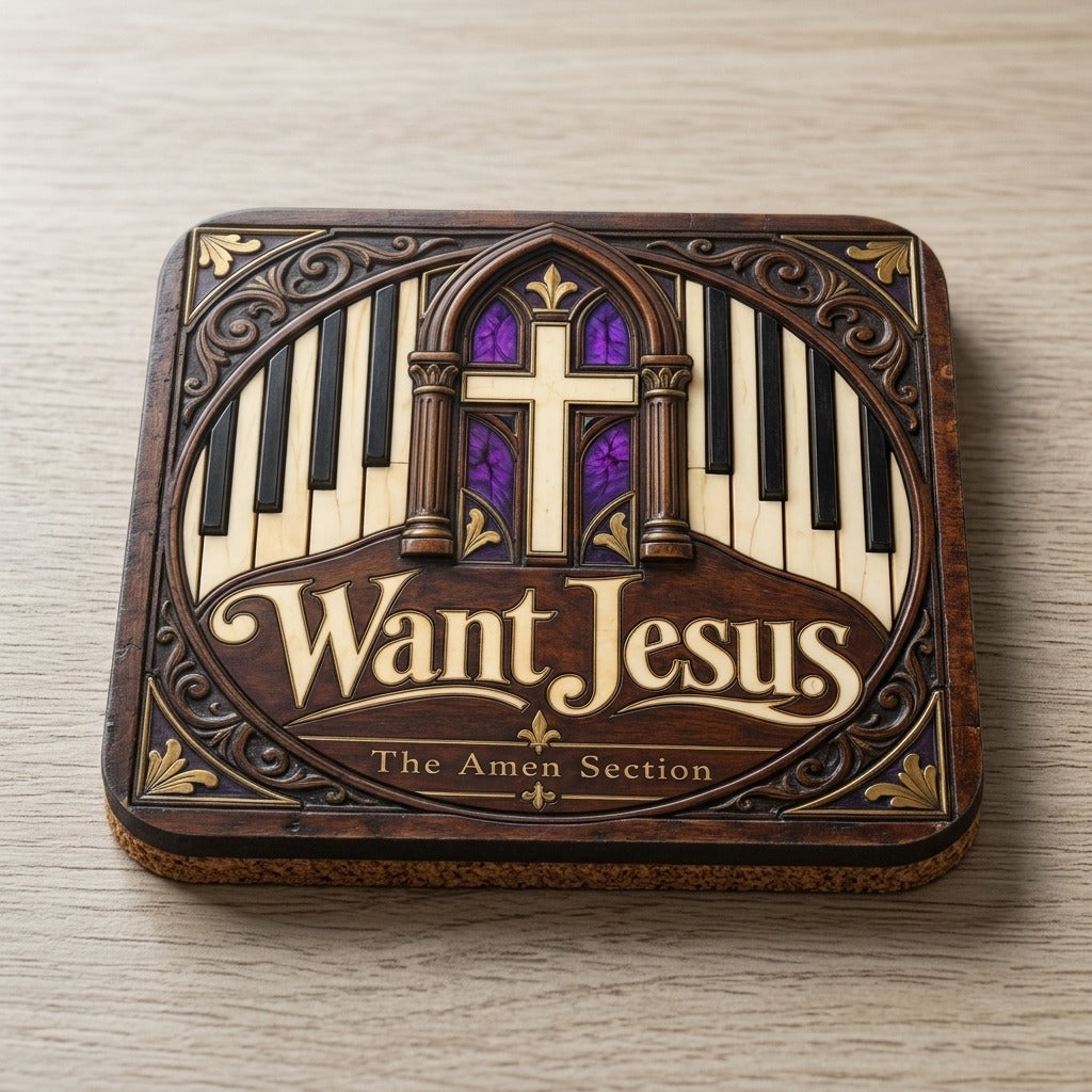 The Amen Section — Want Jesus Hardboard Coasters with Cork Bottom (Set of 4) — product mockup